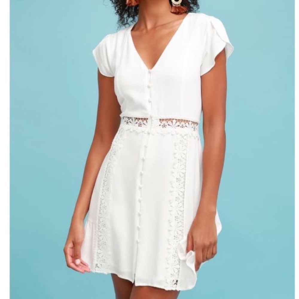 NWT Lulus Lace Crochet Trim Short Sleeve Mini Dress White Sundress XS
